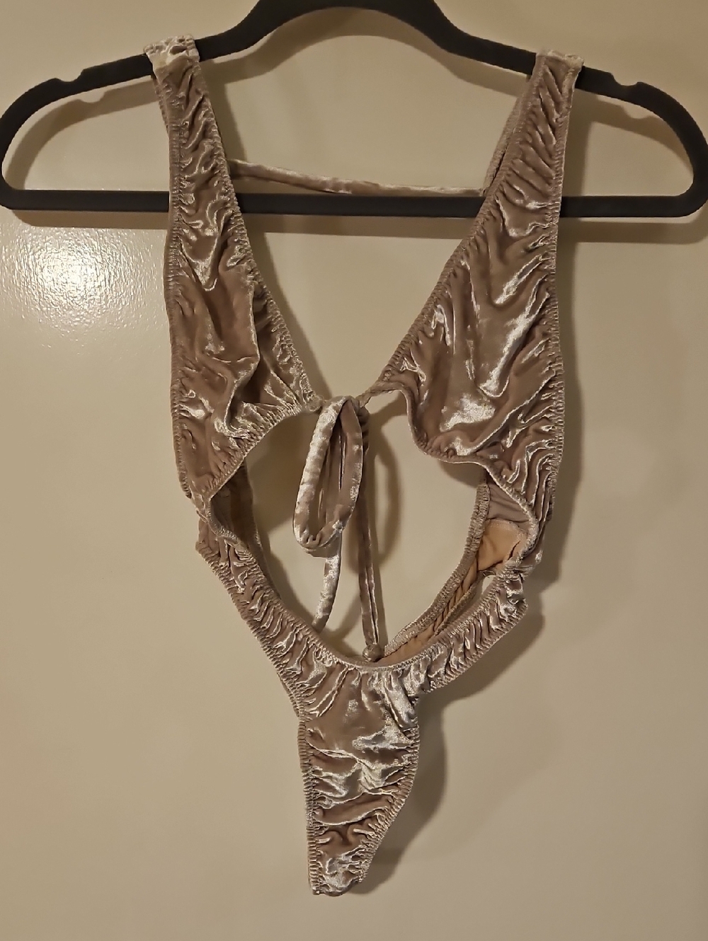 Velvet Tie-Front One-Piece Bodysuit - Taupe Rave Stripper Wear